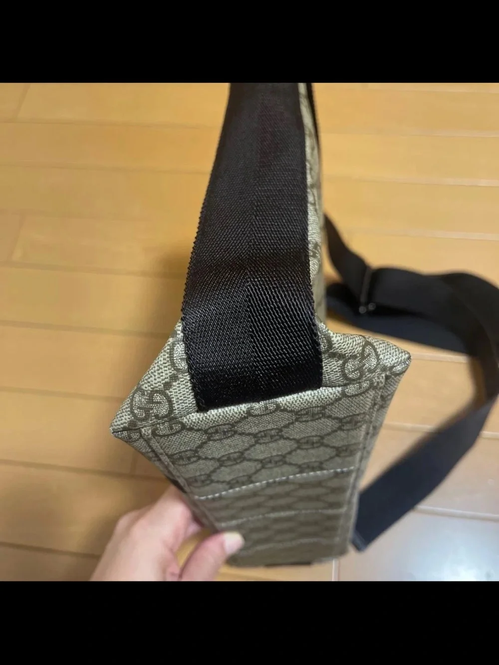 Gucci Brown GG Canvas Messenger Bag with Black Strap